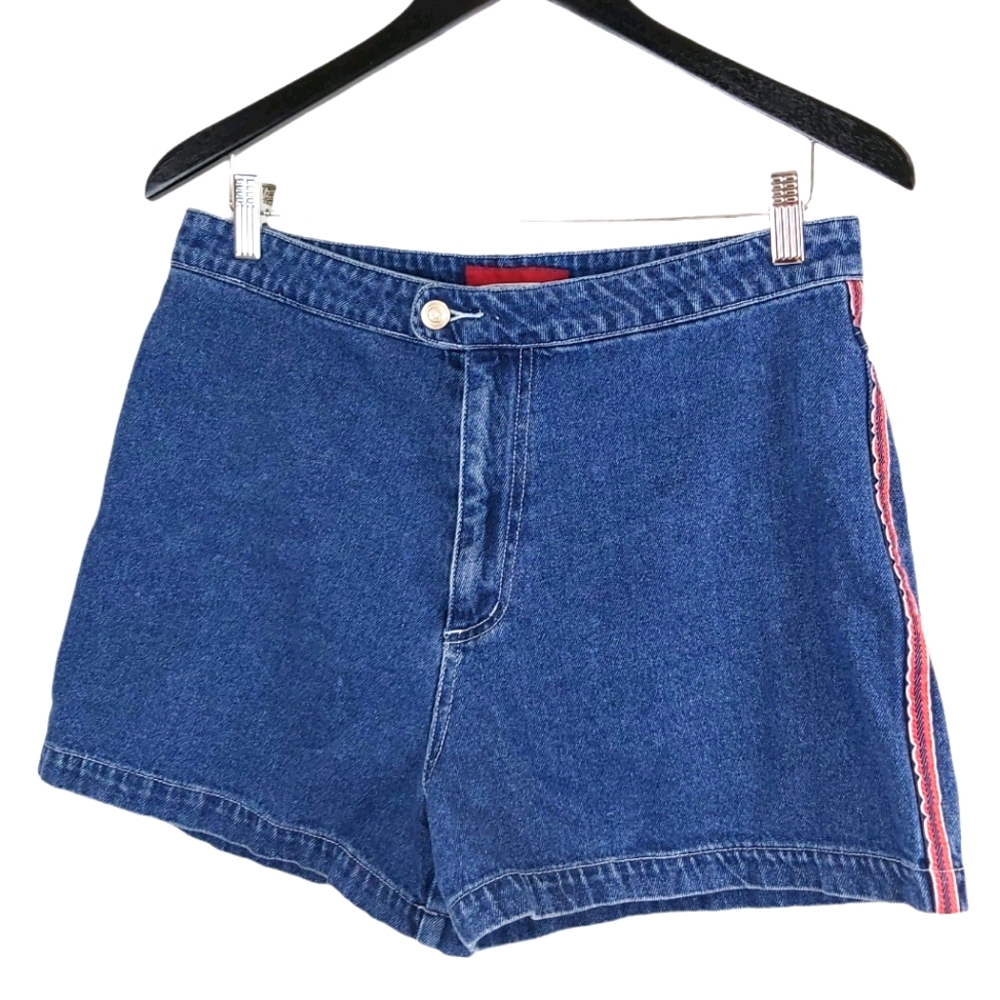 Blue High Rise Red Stripe Cotton Denim Shorts - Picture 1 of 10